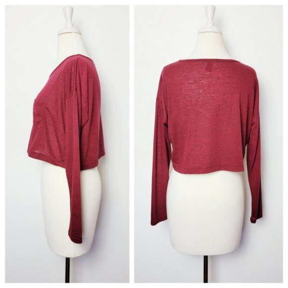 Forever 21 Heathered Maroon Long Sleeve Boxy Cropped T Shirt w Breast Pocket - Picture 11 of 15